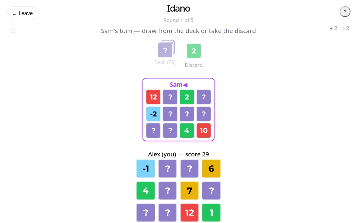 Idano game board mid-round, showing dealt cards and score